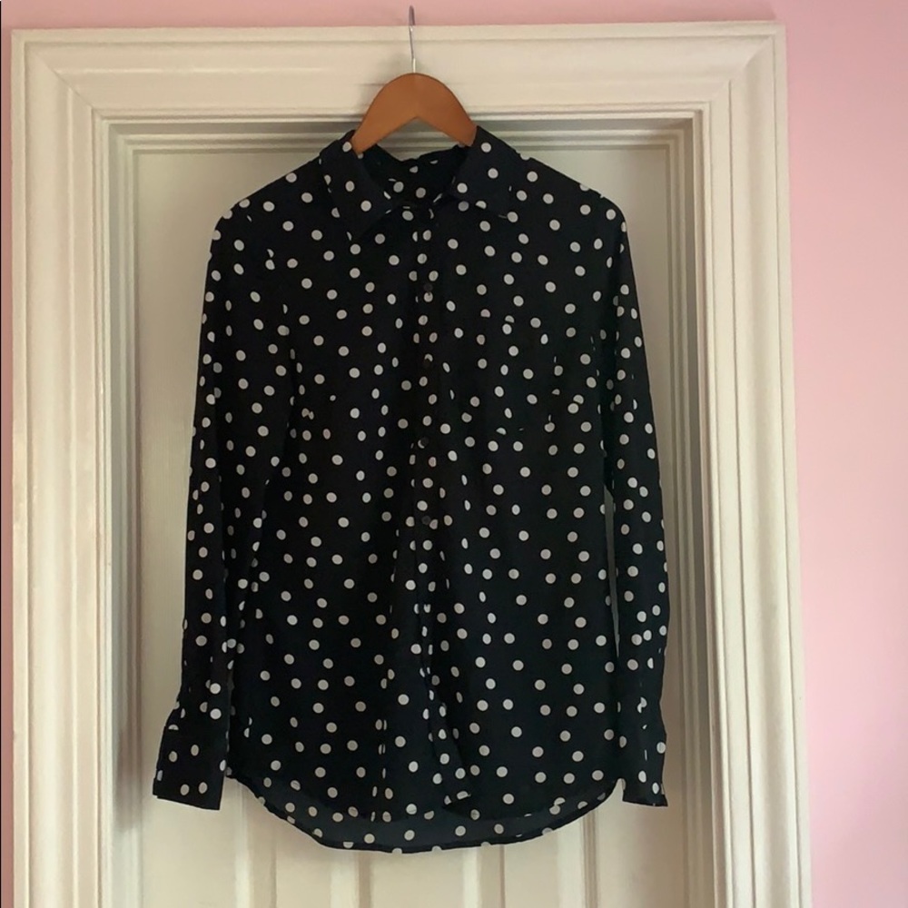 Merona black with white polkadot button up shirt